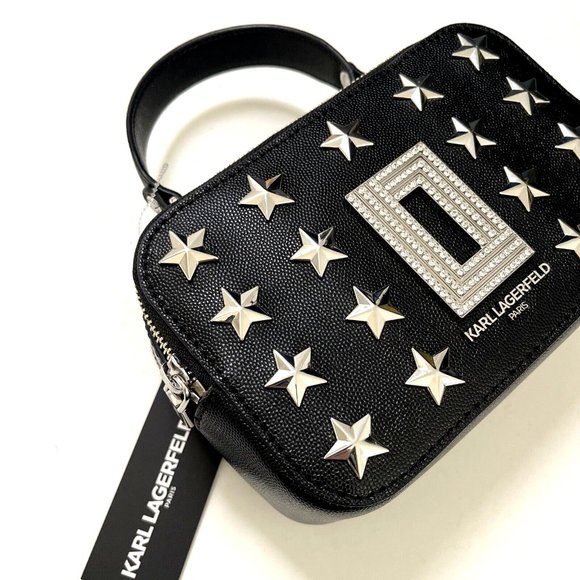 KARL LAGERFELD Paris Simone Star Studded Crossbody Top Handle Black Rhinestone - Picture 2 of 10